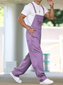 Manfinity Hypemode Men's Casual Diagonal Pocket Denim Bib Overalls, Suitable For Summer, Spring And Autumn