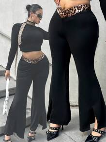 Flirla Damen große Größen Hose mit Leoparden-Muster Kontrast