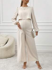 SHEIN Maternity Casual Solid Color Lantern Sleeve Jumpsuit, Autumn - Apricot - View 1
