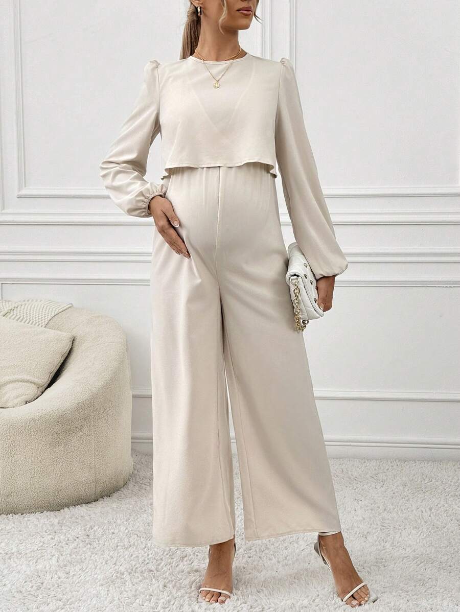 SHEIN Maternity Casual Solid Color Lantern Sleeve Jumpsuit, Autumn - Apricot - View 1