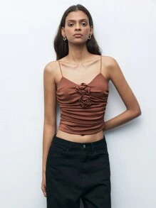 Maija Women's Elegant Solid Color 3D Floral Decor Ruched Party Slim Fitted Cami Top, Autumn/Winter