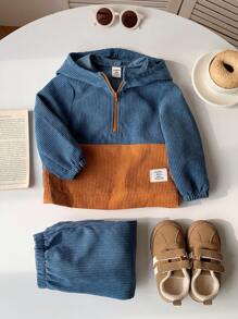 SHEIN Set de 2 piezas Chaqueta con capucha de media cremallera y hombros caídos + Pantalones de cintura elástica para niño/niña bebé, casual para uso cotidiano, adecuado para el otoño/invierno