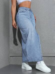 SHEIN EZwear 女士性感高开叉长款牛仔裙 - 淺色水洗藍 - 查看 7