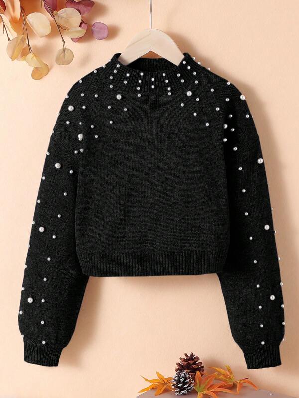 Kleine Mädchen einfacher bestickter Rollkragen Lässig Pullover mit Passform