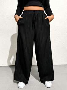 SHEIN Essnce Pantalones anchos de vestir de tela sólida negra elegantes, de moda casual para uso diario, de talla grande para mujeres, pantalones de vestir, pantalones holgados, pantalones cargo para mujer, pantalones holgados de mujer, pantalones de vestir de mujer de otoño