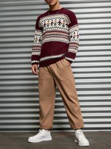 RueChic Men Geometrical Pattern Crew Neck Regular Sweater - Burgundy - View 6