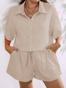 EMERY ROSE Conjunto de dos piezas de camisa de manga corta sólida y pantalones cortos informales de talla grande para vacaciones de verano