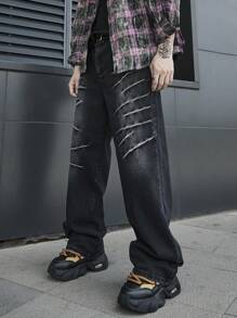 Manfinity EMRG 男士休闲直筒洗水牛仔裤 - 黑色 - 查看 8