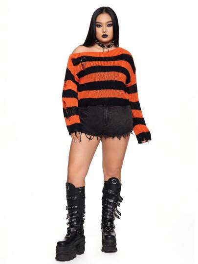 Goth Pull large à épaules obliques rayé noir et orange délavé