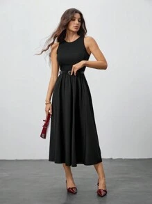 SHEIN Tall 女士纯色夏季无袖 A 字形连衣裙（配腰带）、返校季、秋季女装、万圣节连衣裙、狂欢节服装、早午餐女士服装、秋季连衣裙、返校节连衣裙、音乐会女士服装、暗黑学院风、文艺复兴时期连衣裙 - 黑色 - 查看 5