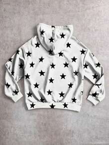Muchica Women's All Over Star Print White Casual Loose Thin Hoodie Sweatshirt, Suitable For Autumn And Winter