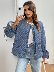 SHEIN Frenchy 女士绗缝荷叶边下摆系带结格子棉服外套 - 藍白色 - 查看 4