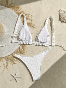 SHEIN Swim 褶皱纹理透明面料性感纯色宽肩带上衣和丁字裤比基尼套装夏季 - 白色 - 查看 5