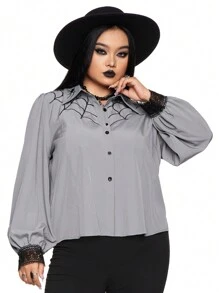 ROMWE Gothic Spider Web Embroidery Plus Size Shirt, Suitable For Layering - Dark Grey - View 1