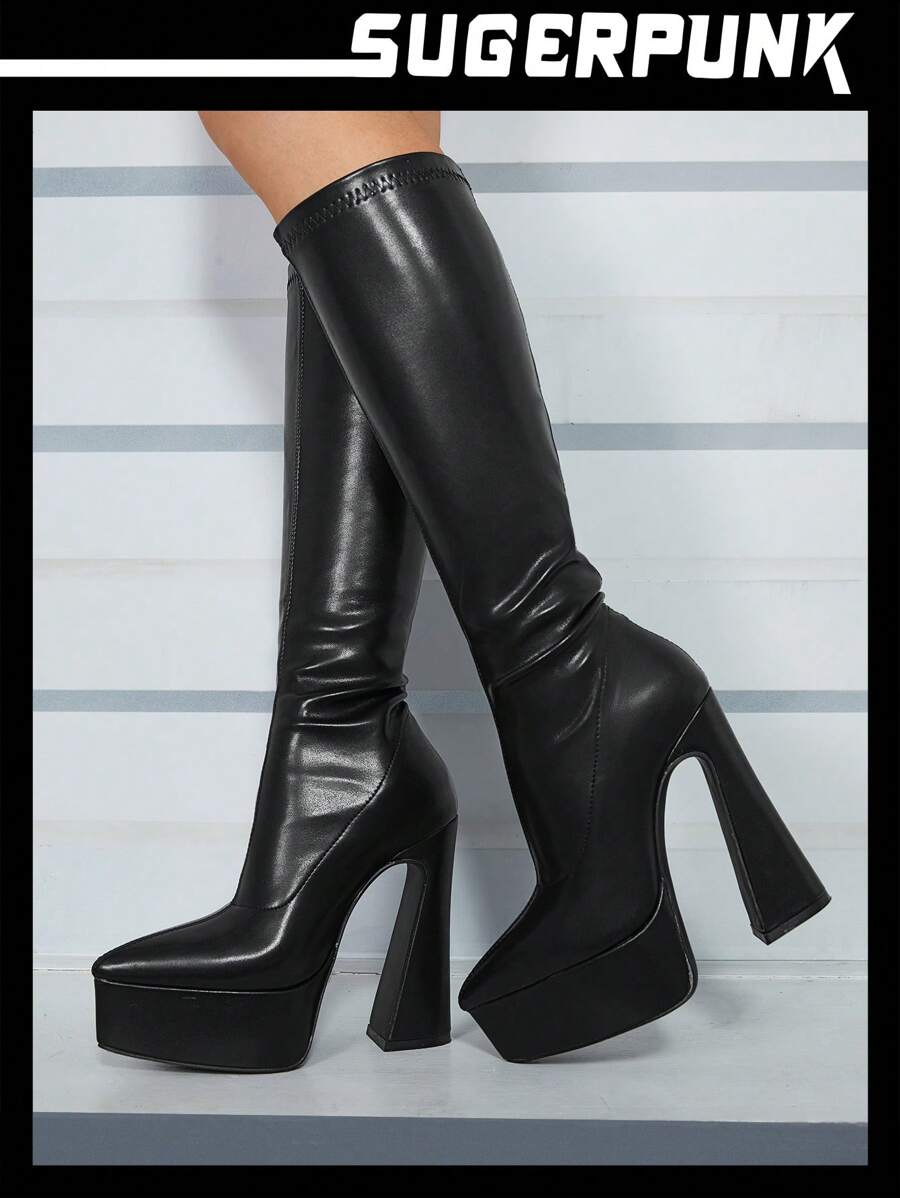 Sugerpunk Giày bốt cao cổ thời trang nữ thon gọn chân, giày bốt đi xe đế dày mũi nhọn chống thấm nước, thích hợp để mặc hàng ngày cho Giáng sinh và năm mới, ngày lễ tình nhân - màu đen - Xem 1