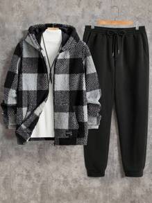 Manfinity VCAY 2pcs Men's Fitted Casual Knitted Hooded Jacket & Pants Set - Black - View 1