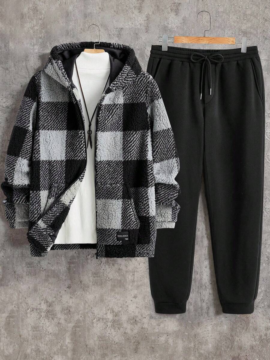 Manfinity VCAY 2pcs Men's Fitted Casual Knitted Hooded Jacket & Pants Set - Black - View 1
