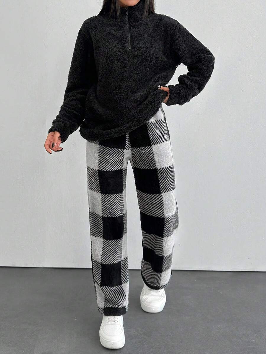 EURMUSE Double-Sided Velvet Comfortable And Soft Plaid Fabric Two-Piece Set - Black - View 1