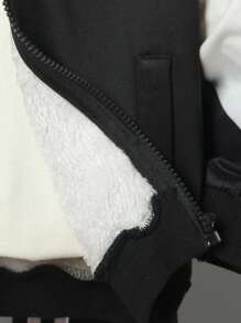 2 件套年轻男孩秋冬时尚服装：拉链连帽夹克，配色块设计、仿口袋和字母装饰，搭配带条纹饰边的保暖内衬运动裤，适合休闲、学校、活动、保暖 - 黑色 - 查看 3