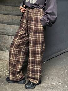 DAZY Retro Plaid Casual Straight Leg Pants,Fall Clothes - Brown - View 5