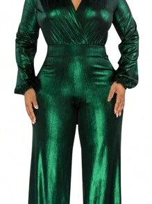 女士时尚金属 V 领长袖收腰灯笼袖连体裤，休闲日常穿着