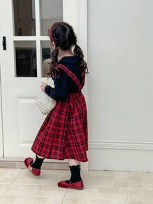 SHEIN 2 Stücke Set für Kleine Mädchen bestehend aus Langarm Hemd in Unifarbe und karriertem Trägerkleid, für den Herbst - Verschiedenfarbig - Übersicht 2