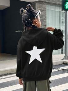 SHEIN Tween 女童星星印花连帽休闲长袖运动衫，秋冬款 - 黑色 - 查看 5