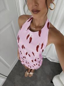 INAWLY Women's Sexy Full-Print Chili Pepper Backless Halter Mini Dress, Summer - Pink - View 3