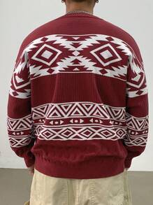 DAZY Christmas Geometric Pattern Casual Knit Sweater For Men, Autumn Christmas - Red - View 2