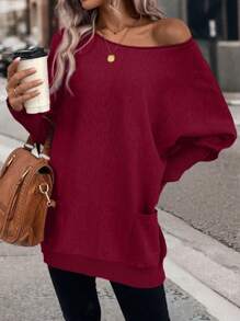 EMERY ROSE Áo len tay cánh dơi màu trơn, kiểu dáng thường ngày, có hai túi, thích hợp cho mùa thu/đông, áo len dài tay kiểu chui đầu. - Màu Đỏ Sâu - Xem 3