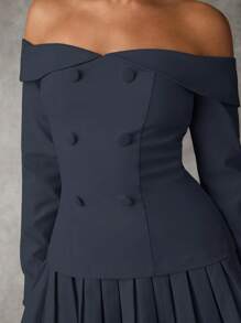 SHEIN BAE 女士露肩褶皱纯色连衣裙秋季婚礼宾客礼服冬季女士连衣裙秋季女士连衣裙商务女装茶会连衣裙工作女士连衣裙 - 深灰色 - 查看 2
