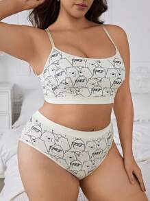 We Bare Bears X SHEIN 大码卡通熊全身印花舒适吊带胸罩和三角裤套装 - 米色 - 查看 3