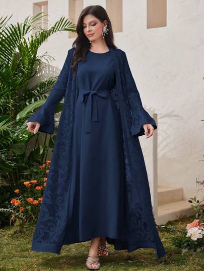 Al Najma 1套女式纯色圆领长袖束带连衣裙+长袖阿拉伯长袍套装