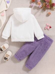 SHEIN Playful Pals 女婴心形毛绒连帽运动衫和裤子套装，秋冬季保暖服装 - 彩色 - 查看 8