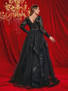 SHEIN Belle Plus Size Gothic Style Layered Ruffle Trim Black Lace And Mesh Informal Wedding Dress, Formal Evening Gown, Prom Dress, For Wedding Guest, Graduation, Dinner - Black - View 6