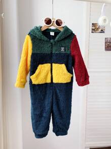SHEIN Leap Crew 新生儿男女宝宝圣诞休闲运动保暖连帽连体衣，毛绒面料，适合秋冬季节，室内外均可穿着 - 彩色 - 查看 3