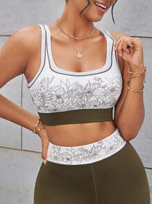 SHEIN Sport Studio Women Solid Color Patchwork Floral Print Sports Bra, Casual Daily Wear