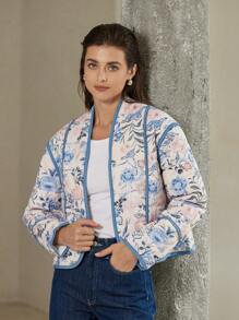 Aveloria 法式优雅花卉印花复古边饰宽松短款夹棉外套冬季