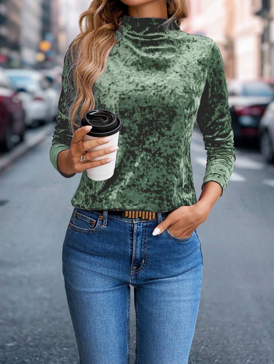 EMERY ROSE 一件休闲立领长袖丝绒上衣，适合秋季或春季穿着 - 綠色 - 查看 1