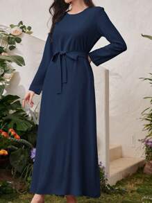 Al Najma 1套女式纯色圆领长袖束带连衣裙+长袖阿拉伯长袍套装 - 藍色 - 查看 5