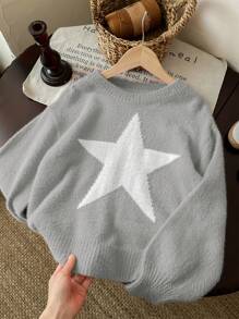 SHEIN Leap Crew Tween Girl Star Pattern Round Neck Drop Shoulder Sweater, Sibling Outfits - Multicolor - View 4