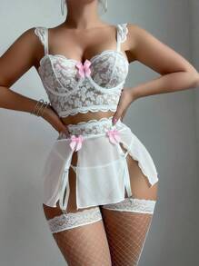 5pcs Set: Lace Splice Mesh Ruffle Strap Bow Bra Top + G-String + Slit Suspender Skirt + 2pcs Stockings, Sexy Bow Tie