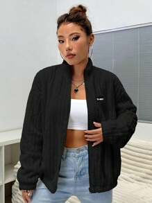 Flirla 休闲字母刺绣细节立领毛绒夹克，秋冬 - 黑色 - 查看 4