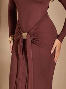 SHEIN BAE Vestido maxi de color marrón sólido/café con cuello redondo, manga larga, fruncido, ajustado y con cola de pez, adecuado para fiesta de cóctel, cita romántica, vestido de otoño/invierno para capas, fiesta, dama de honor de boda, noche, Halloween, Navidad - Marrón - Ver 7