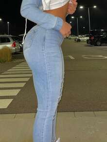 Women's European & American Style Slimming Butt Lifting Skinny Jeans - 淺色水洗藍 - 查看 4