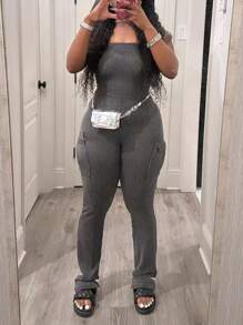 Women's Utility Pockets Camisole Casual Textured Jumpsuit - 深灰色 - 查看 1