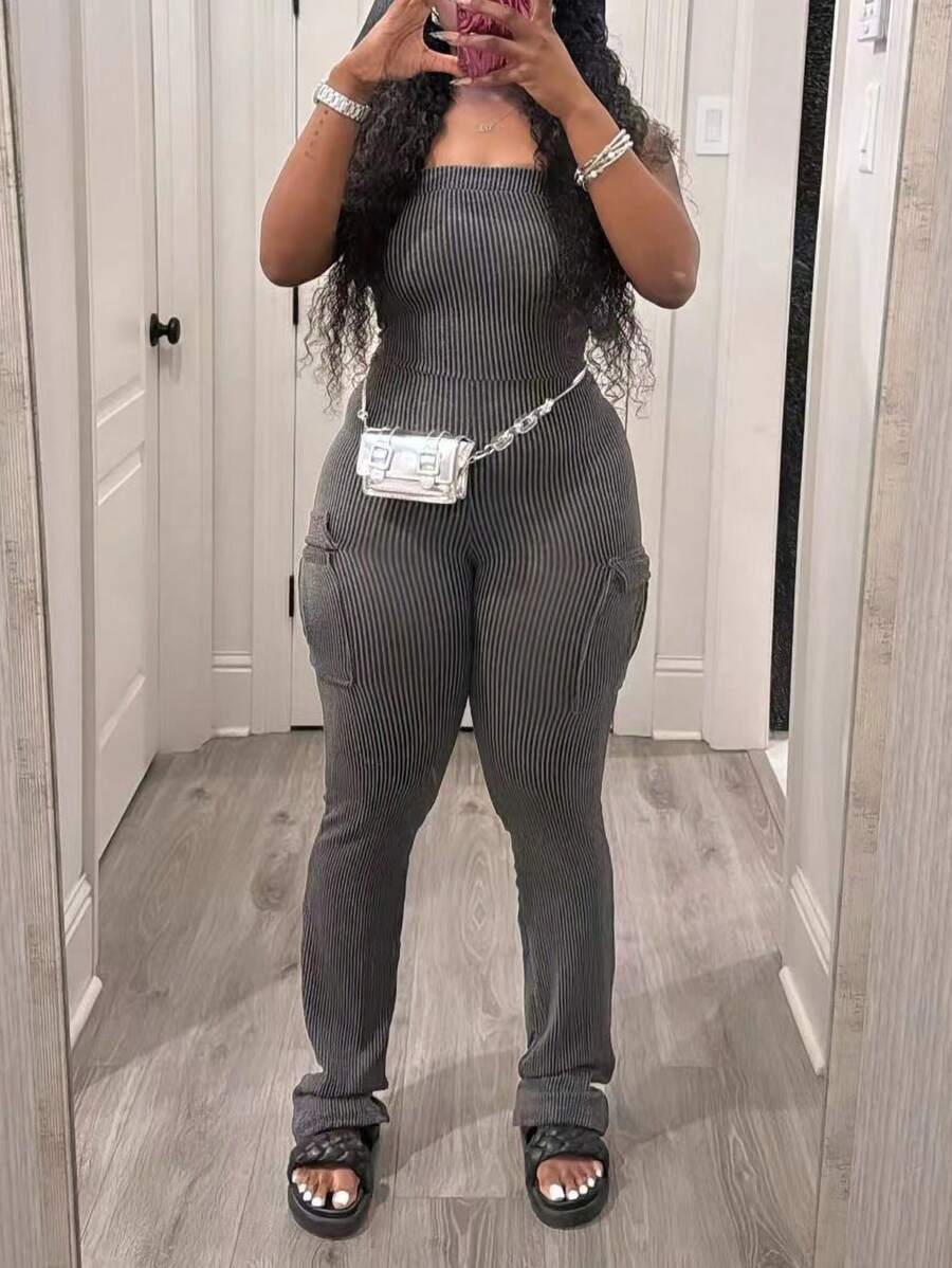 Women's Utility Pockets Camisole Casual Textured Jumpsuit - 深灰色 - 查看 1