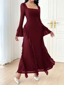 Modelyn 勃艮第红色女士方领长袖褶皱简约长款休闲连衣裙长款晚礼服 - 酒紅色 - 查看 6