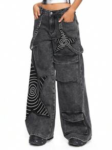 ROMWE Grunge Punk Women Loose Cargo Boy Friend Jeans With Distressed Star Patch, Punk Apocalyptic Style
