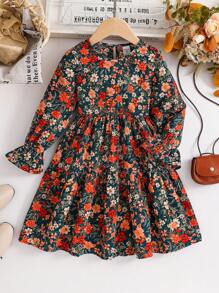 Emery Rose Kids Emery Rose Kids Young Girl Young Girl Twins Girl Ditsy Floral Round Neck Puff Sleeve Fitted Casual Cake A-Line Dress,Autumn Winter New Arrival,Young Girl ,Mommy & Sisters & Me Matching.Back To School Fall - Multicolor - View 5